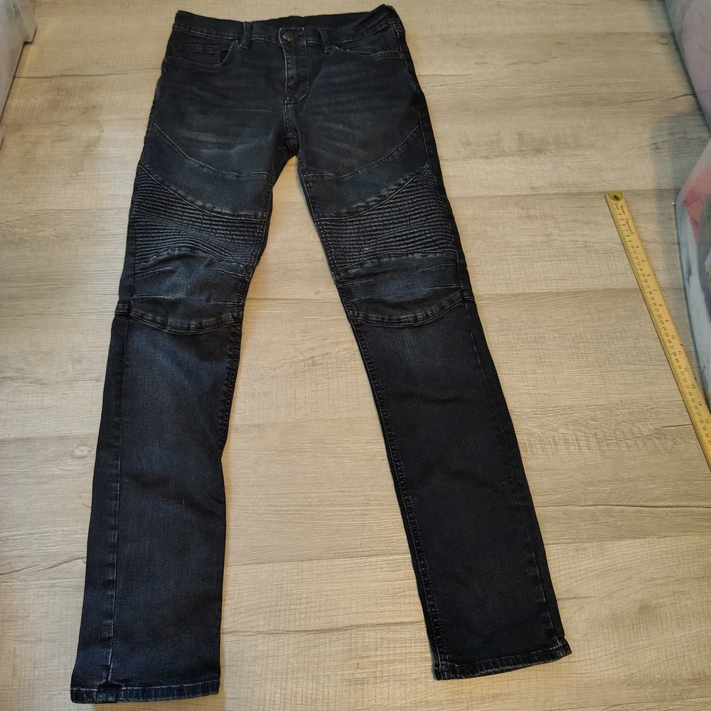 True Religion Rocco Relaxed Skinny Moto Jeans Black Ribbed Knee Mens 31